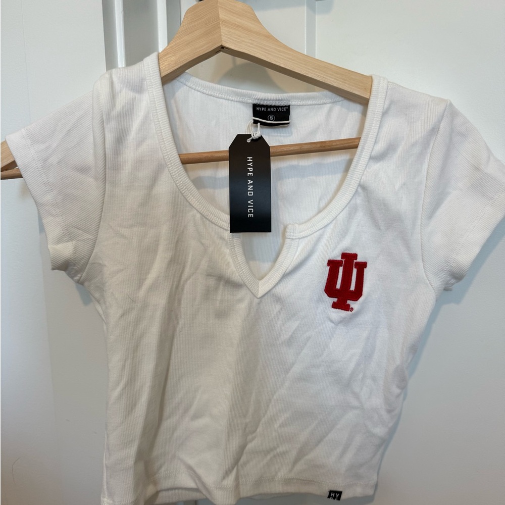 IU White and Red Logo Crop Top by Hype and Vice